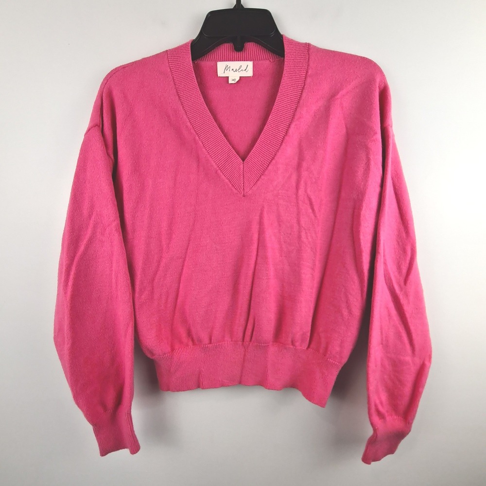 Marled Womens XS Hot Pink V-Neck Pullover Sweater Ribbed Knit Long Sleeve